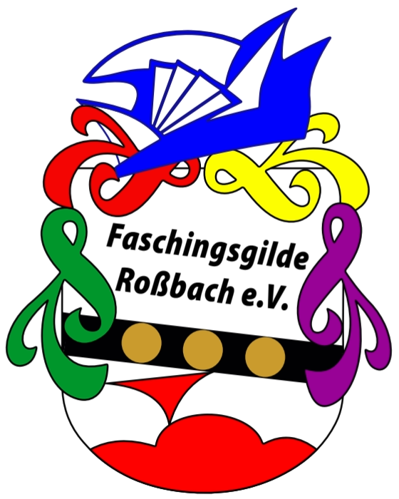 Wappen der Faschingsgilde Roßbach e.V. mit Narrenkappe und bunten Schnörkeln